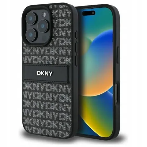 DKNY - Backcover iPhone 16 Pro - Repeat Pattern Tonal Stripe - Zwart – afbeelding 1