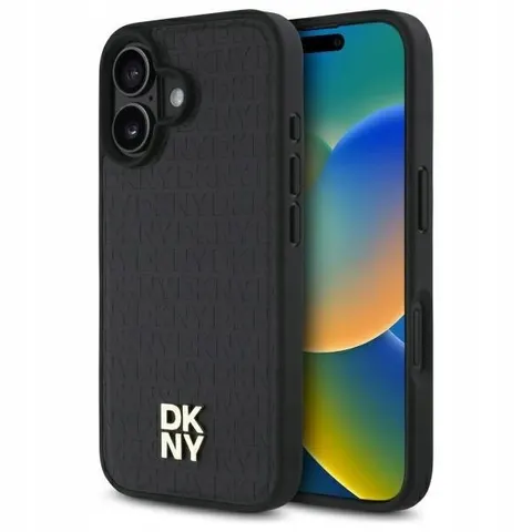 DKNY – Backcover iPhone 16 – PU Leather Repeat Pattern Stack Logo – MagSafe – Zwart – afbeelding 1