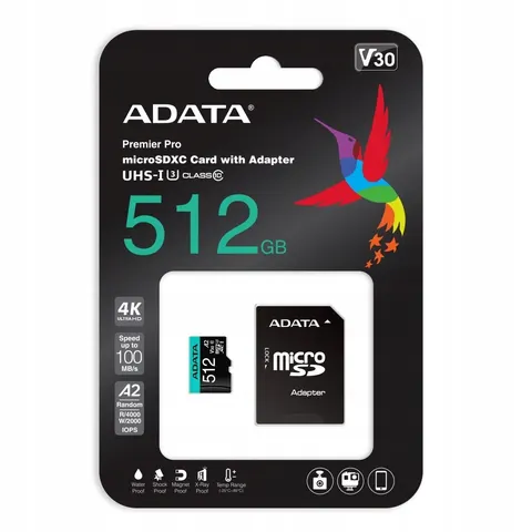 Adata Karta microSD Premier Pro 512 Gb UHS1 U3 V30 A2 adapter – zdjęcie 1