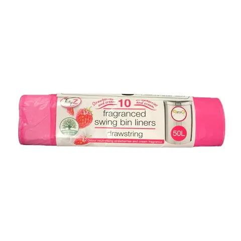 Strawberry And Cream Fragranced Drawstring Pedal Bin Bag Liners With Drawstring 50L Roll Of 10 – image 1