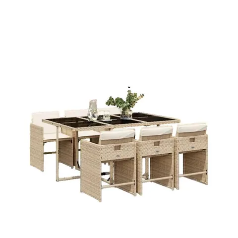 Ensemble jardin vidaXL 7 pcs beige poly rotin table verre – image 1