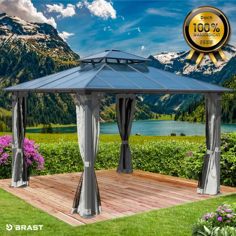 Brast Alu Pavillon PAGODE 3,5x3,5m hellgrau mit Moskitonetz – Bild 1