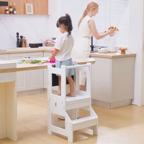 HOMCOM-Kids Kitchen Helper-MDF-42x44x86cm-Wit – afbeelding 1