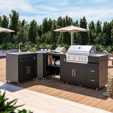 Cuisine d'extérieur angle 4 éléments avec évier et barbecue Oviala – image 1