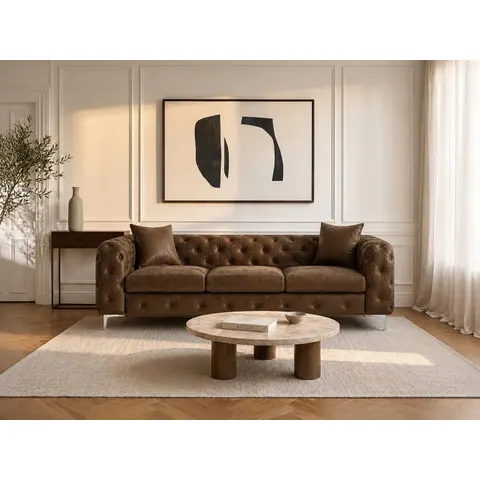 vente-unique.com Canapé fixe microfibre 3 places marron} Marron 220x76x91cm – image 1