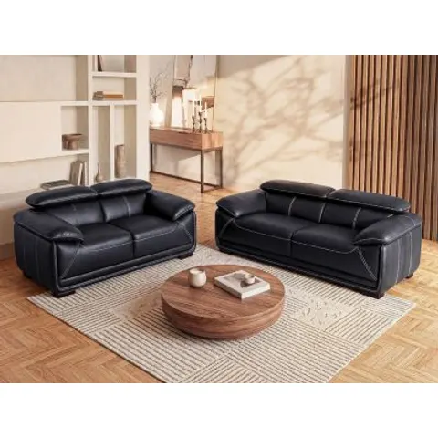 vente-unique.com Ensemble canapé cuir noir 204x75x97cm – image 1