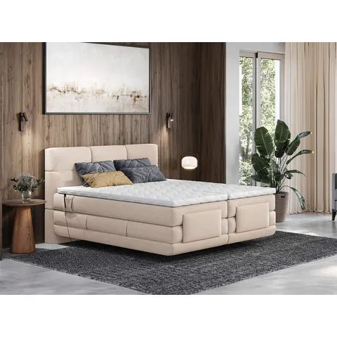 vente-unique.com Lit boxspring polyester beige 215x118x168cm – image 1