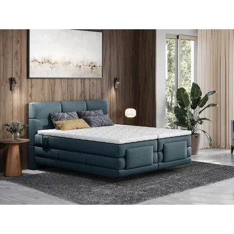 vente-unique.com Lit boxspring polyester bleu 215x118x188cm – image 1