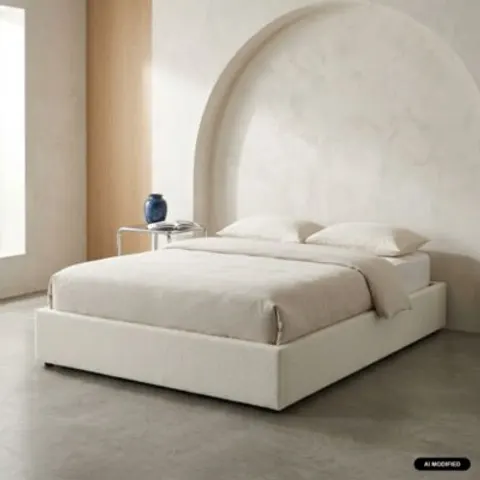 sweeek - Bed met lattenbodem en hoofdeinde, bouclé afwerking, wit – 508388 – afbeelding 1