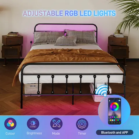 HOMCOM Double Bed Frame with LED Lights and Charging Station, Black – image 1
