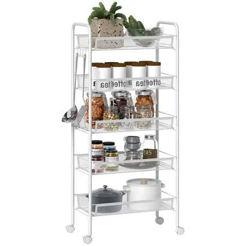 HOMCOM 5 Tier Utility Rolling Cart with Removable Mesh Baskets, White – image 1