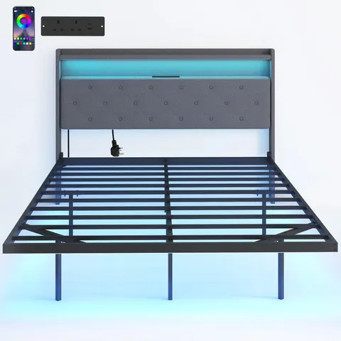 HOMCOM Floating Bed Frame with RGB Lights, Upholstered Double Size Bed, Grey Double – image 1