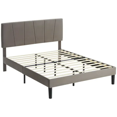 HOMCOM Double Bed Frame with 5-Level Adjustable Headboard Wooden Slats – image 1