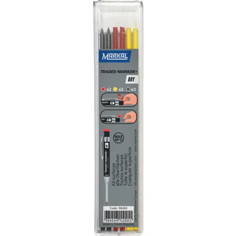 Markal TRADES-MARKER® DRY Refills 6-Pack for Layout Marking - Includes Graphite, Yellow & Red Assorted Colors – image 1