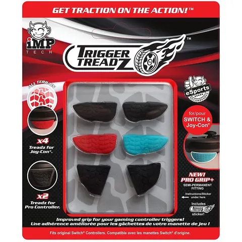 IMP Tech Joy-Con & Pro Controller Grips: iMP Trigger Treadz Pro Grip+ for Nintendo Switch in Black, Red & Blue – image 1