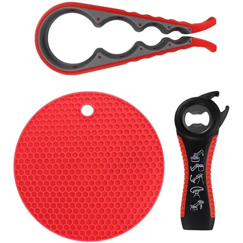 3 Piece Jar Opener Set for Weak Hands, Multi Function Can Opener Set Red – image 1