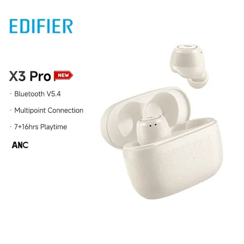 EDIFIER X3 Pro Ivory Bluetooth Earbuds with ANC, 22H Playback, 8mm Drivers, Multipoint Leather Texture – image 1