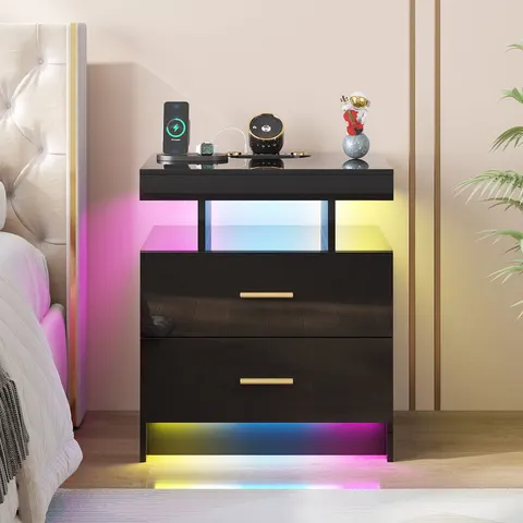 Metro Bedside Table with RGB Sensor Lights, Starlight Projections, Charging Station, Bluetooth and Speaker Black 58cm H X 50cm W X 40cm D – image 1