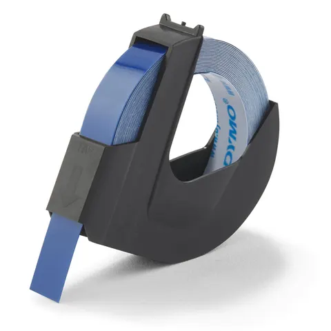 Reliëftape Dymo embossing vinyl 9mm wit op blauw – afbeelding 1
