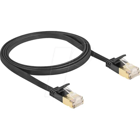 Delock RJ45 Network Cable Cat.6A plug to plug with robust latch and Cat.7 raw flat cable U/FTP 1 m black – afbeelding 1