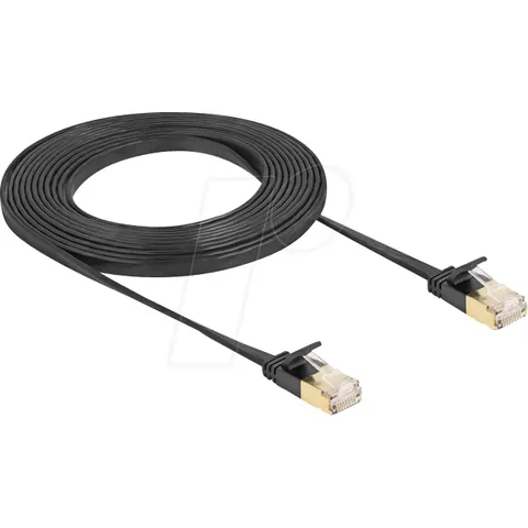 Delock RJ45 Network Cable Cat.6A plug to plug with robust latch and Cat.7 raw flat cable U/FTP 3 m black – afbeelding 1