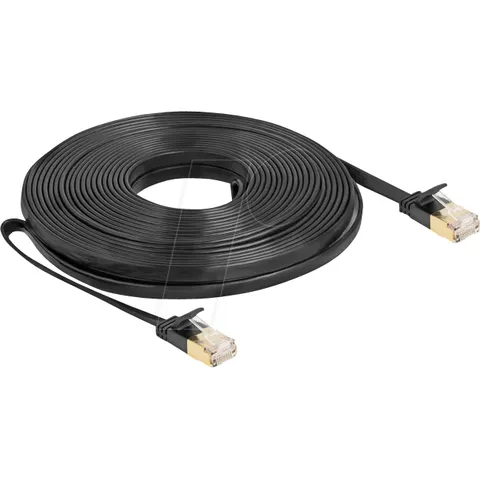 Delock RJ45 Network Cable Cat.6A plug to plug with robust latch and Cat.7 raw flat cable U/FTP 10 m black – afbeelding 1