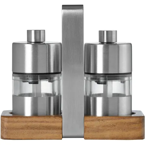 AdHoc Mini Pepper and Salt Mill Set with Tray - Brown/Silver – image 1