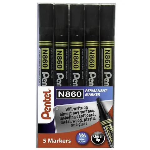 Pentel N860 Permanent Markers Black Chisel Tip Pack 5 – image 1