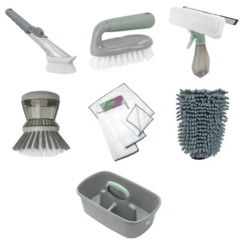 JVL Cleaning Caddy Complete Bundle with Window Squeegee, Microfibre Cloth, Mitt & Cleaning Brushes for Household Kitchens Bathrooms – image 1