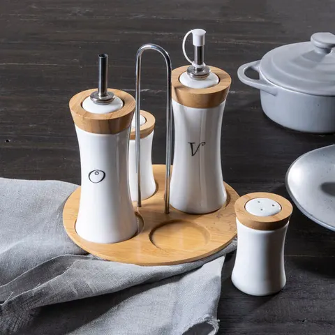 Dela 4pc Bamboo And Ceramic Condiment Set – image 1