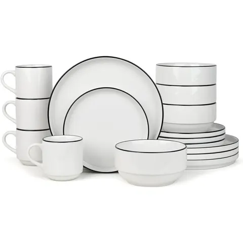 Waterside 16pc Stackable Black Rim Porcelain Dinner Set White 16 – image 1
