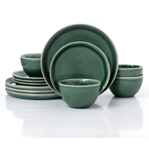 12pc Reactive Glaze Green Lipped Dinner Set – image 1