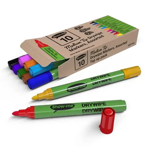 Show-me Drywipe Marker Medium Tip Slim Barrel Assorted Colours (Pack 10) - SDP10A – image 1