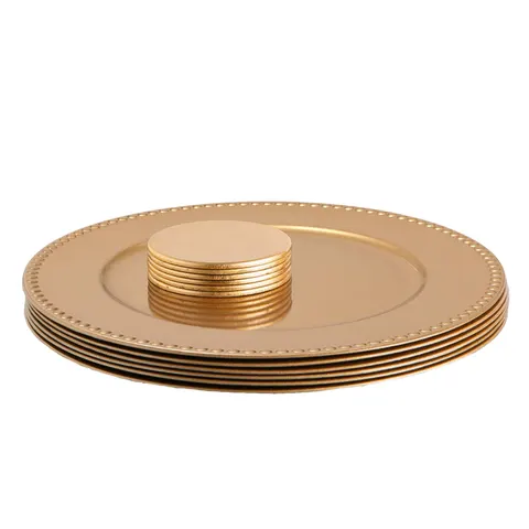 Argon Tableware 12pc Beaded Charger Plates & Coasters Set - Gold Reusable Dining Table Setting Plates Drink Placemats – image 1