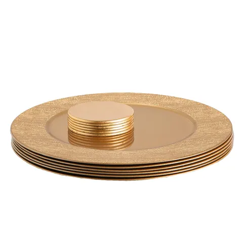 Argon Tableware 12pc Ribbed Charger Plates & Coasters Set - Gold Reusable Dining Table Setting Plates Drink Placemats – image 1