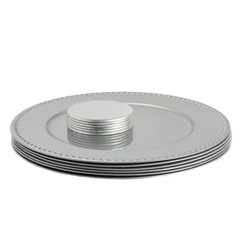 Argon Tableware 12pc Beaded Charger Plates & Coasters Set - Silver Reusable Dining Table Setting Plates Drink Placemats – image 1