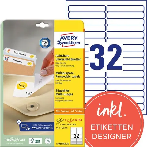 Avery Removable Labels 96 x 16,9mm (25) – afbeelding 1
