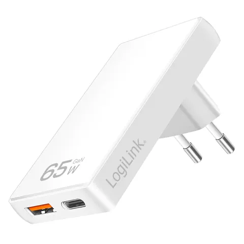 Logilink USB Steckdosenadapter 1xUSB-A, 1xUSB-C, 65W weiß – Bild 1
