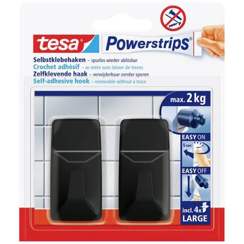 tesa Powerstrips Haken LARGE Rechteck, schwarz – Bild 1