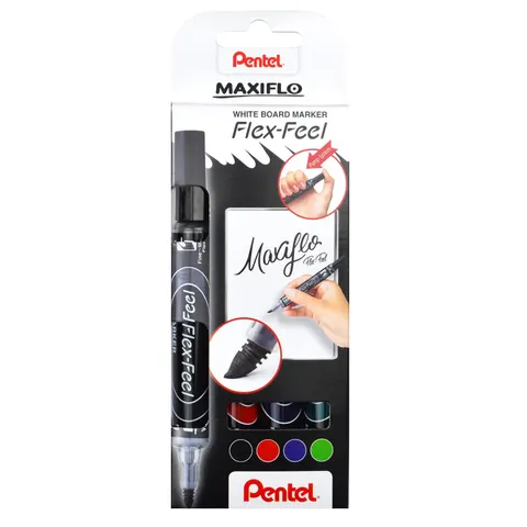 Pentel Whiteboardmarker Maxiflo Flex-Feel, 4er Set, Wischer – Bild 1