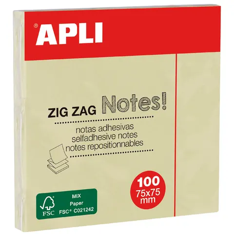 APLI plakbriefjes zig zag, 75 x 75 mm, geel – afbeelding 1