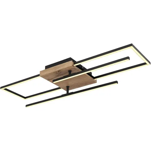 Globo Kendra LED ceiling light, length 80 cm – black, light wood, opal – image 1
