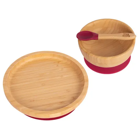 Tiny Dining Children's Bamboo Suction Round Dinner Set - Red – image 1