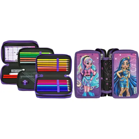 Federmäppchen SCOOLI "Tripledecker, Monster High", Kinder, lila (monster high), Polyester, Schreibgeräteetuis Federmäppchen, befüllt, inklusive Geodreieck monst – Bild 1