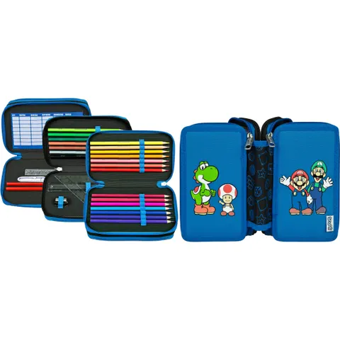 Federmäppchen SCOOLI "Tripledecker, Super Mario", Kinder, bunt (super mario), Polyester, Schreibgeräteetuis Federmäppchen, befüllt, inklusive Geodreieck super m – Bild 1