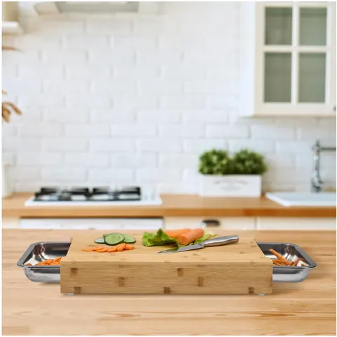 bamboe snijplank - 2 rvs bakjes - 8 x 45 x 30 cm - sapgeul – afbeelding 1