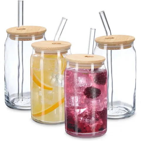 drinkglazen met rietje - set van 4 - 450 ml - bamboe deksel – afbeelding 1