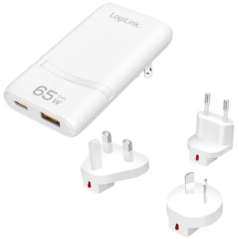 LogiLink Dual-USB GaN reislader, 65 Watt, wit – afbeelding 1
