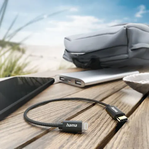 Ladekabel, USB-C - Lightning, 0,2 m, Nylon, Schwarz (00201601) – Bild 1