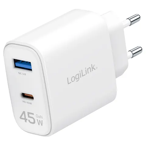 LogiLink USB-lader dual, 45 Watt, wit, USB-C & USB-A – afbeelding 1